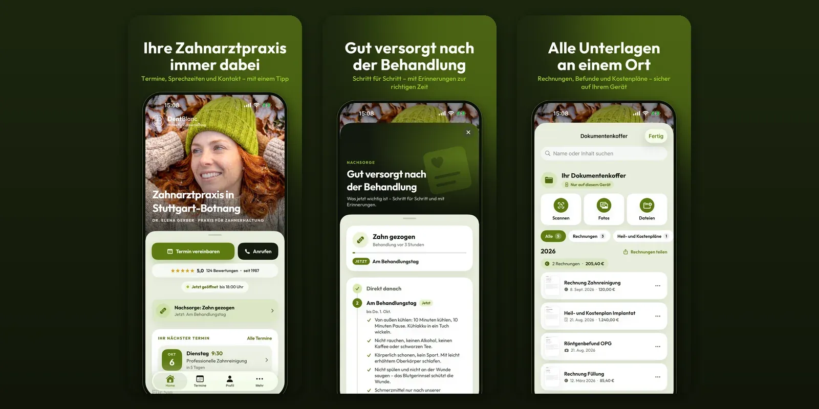Drei Bildschirme der DentBlanc-App 2.0: Startseite mit Terminbuchung und Öffnungszeiten, Nachsorge nach einer Zahnentfernung und der Dokumentenkoffer mit Rechnungen und Befunden.