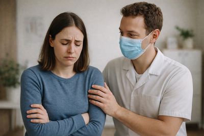 Entspannte Patientin mit Kopfhörern während der Zahnbehandlung