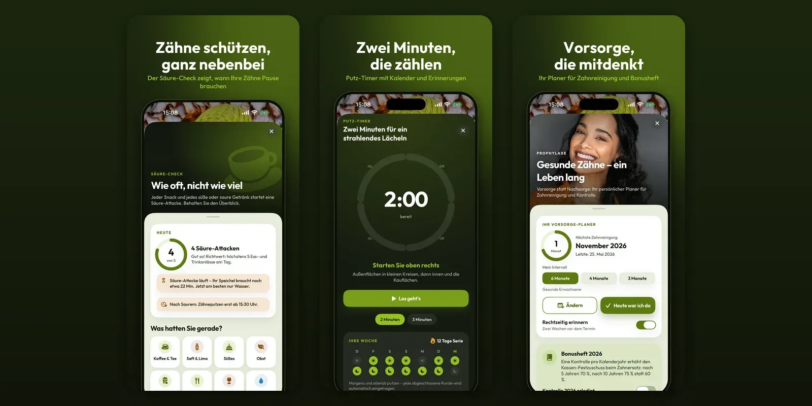 Drei weitere Bildschirme der DentBlanc-App 2.0: Säure-Check, Putz-Timer mit zwei Minuten und der Vorsorge-Planer für Zahnreinigung und Bonusheft.