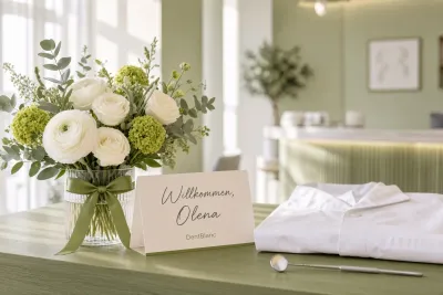 Willkommenskarte „Willkommen, Olena“ von DentBlanc neben einem Strauß aus weißen Blumen und Grün auf einem olivgrünen Empfangstisch, daneben ein gefalteter Arztkittel und ein Mundspiegel.